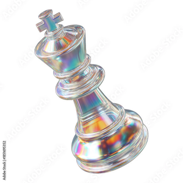 Fototapeta Holographic chess king piece displayed on a white background, showcasing its intricate design and iridescent colors.