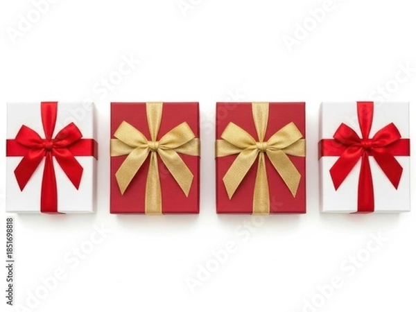 Obraz Four gift boxes with bows, isolated on white background
