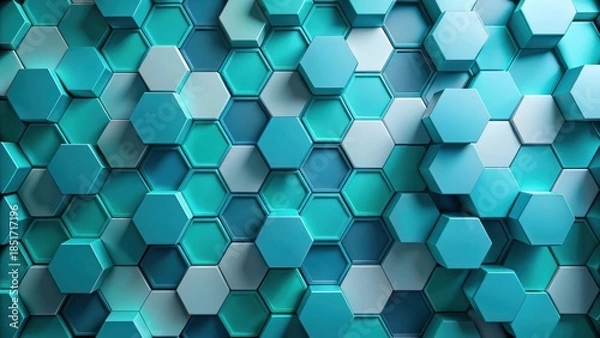 Obraz Abstract Hexagonal Structure  A Complex Array of Interlocking Teal and White Geometric Shapes
