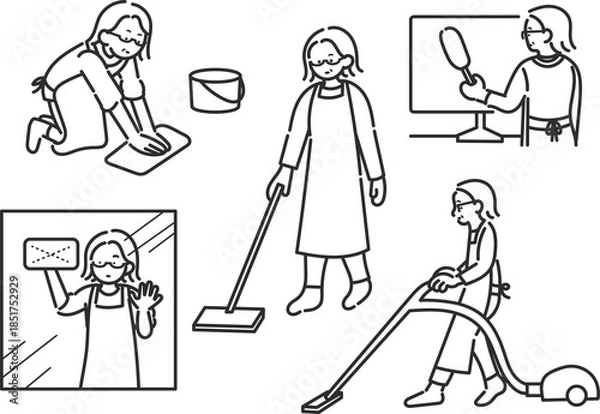 Fototapeta 家の掃除をする40代女性のイラスト素材セット　線画のみ