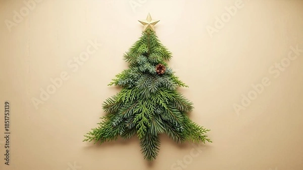 Fototapeta Minimalist christmas tree composition of evergreen branches and star ornament display