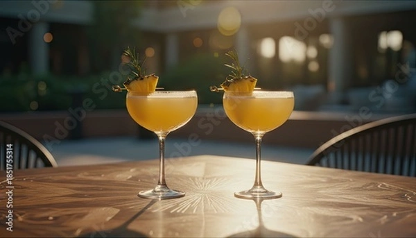 Obraz Two cocktails, pineapple garnish, sunny courtyard setting