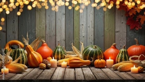Fototapeta Rustic Autumnal Abundance: Pumpkins, Corn, and Candlelight on Weathered Wood Backdrop