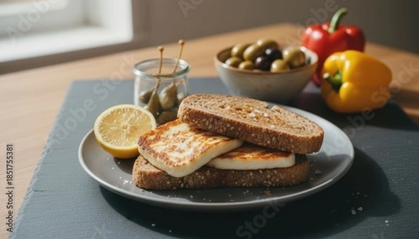 Obraz Halloumi sandwich w/ lemon, capers & peppers