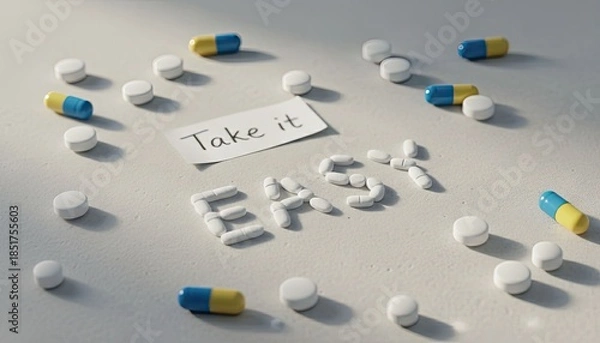 Obraz Pills spell 'EASY,' note says "Take it," sunny