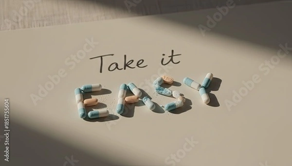 Obraz Pills form "easy" text on paper, sunshine