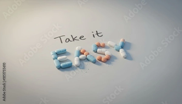 Obraz Pills form "EASY" text, handwritten "Take it" above