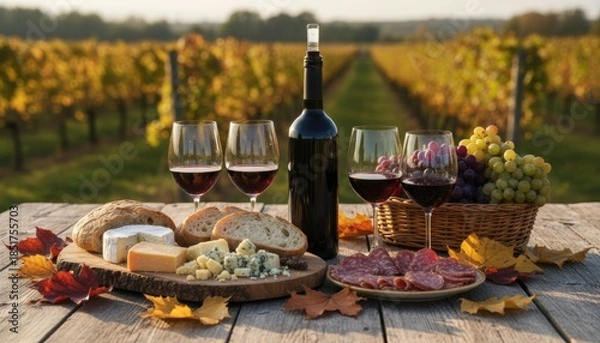 Obraz Wine, cheese, and charcuterie picnic in autumn vineyard
