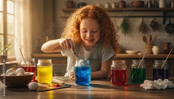 Obraz Redhead child dyeing Easter eggs in glass jars