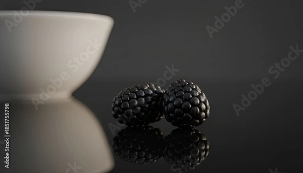 Obraz Glossy blackberries near bowl. Dark reflection. Smooth