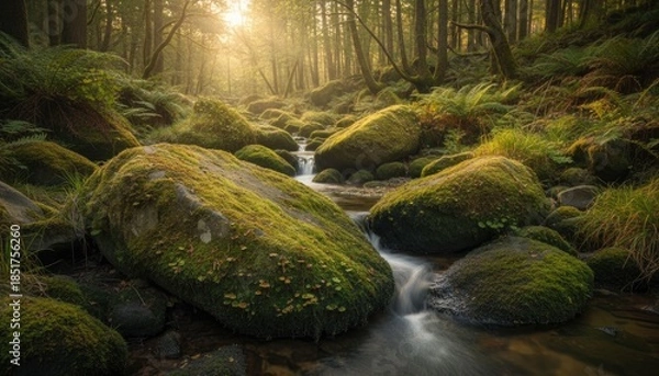 Obraz Mossy stones in forest stream, sunlight through trees