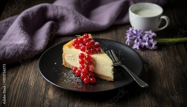 Obraz Cheesecake slice with currants on dark plate