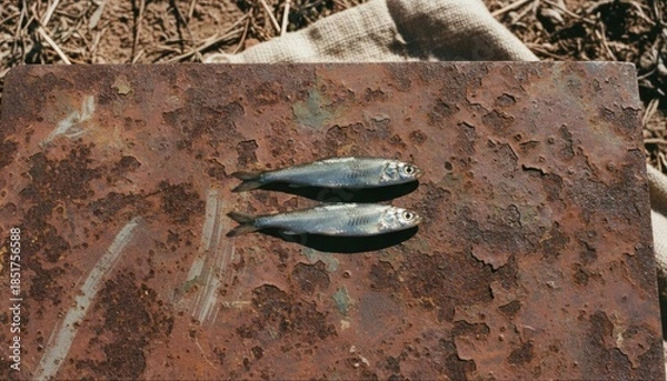 Obraz Two small fish on rusted metal, burlap background