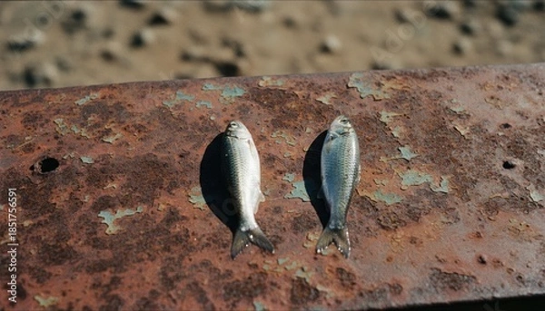 Obraz Two small fish laying on peeling, rusty metal surface