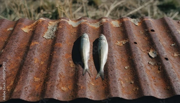 Obraz Two fish on rusty corrugated metal sheet, outdoors