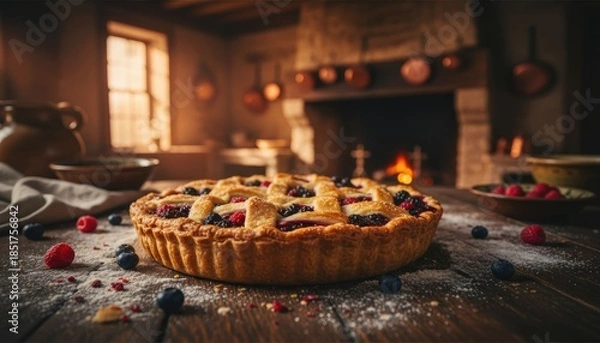 Obraz Berry pie on wood table, rustic kitchen backdrop