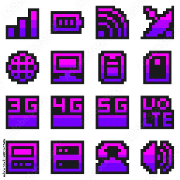 Obraz Cellular Communication Technology, Pink Gradient Color, Pixel Art Tiny Icon Set