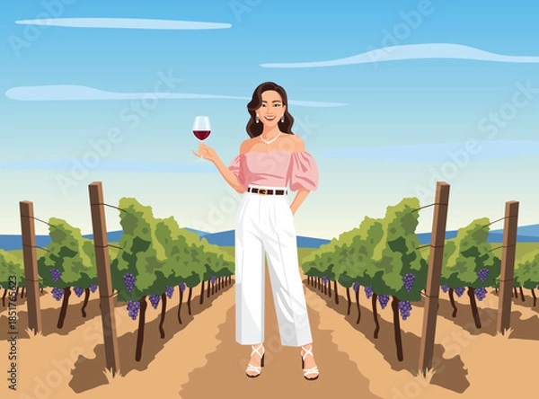 Obraz woman in white pants and a pink top stands confidently in a vineyard row, holding a glass of red wine under a clear blue sky.
