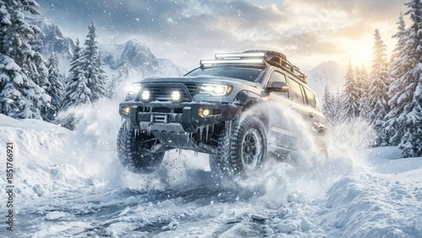 Obraz Powerful SUV speeding through deep winter snow