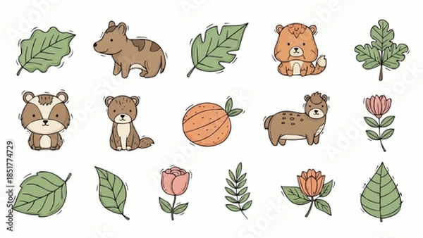 Obraz Cute Cartoon Animals and Botanical Elements Collection.