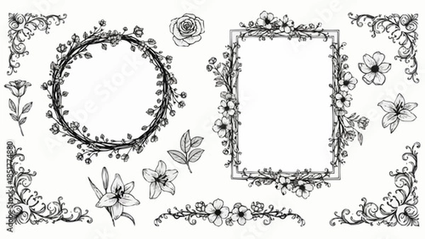 Obraz Elegant Floral Wreath and Rectangle Frame with Botanical Elements.