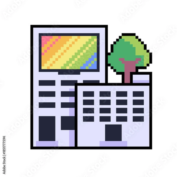 Obraz Building Cluster with Tree at Behind, Pixel Art Icon, Isolated