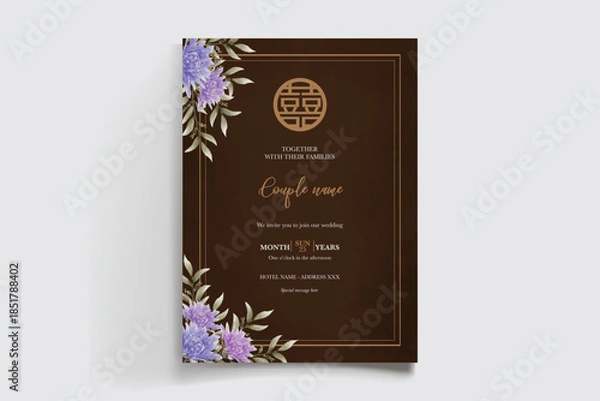 Obraz WEDDING INVITATION FRAME WITH FLOWER DECORATIONS AND FRESH LEAVES