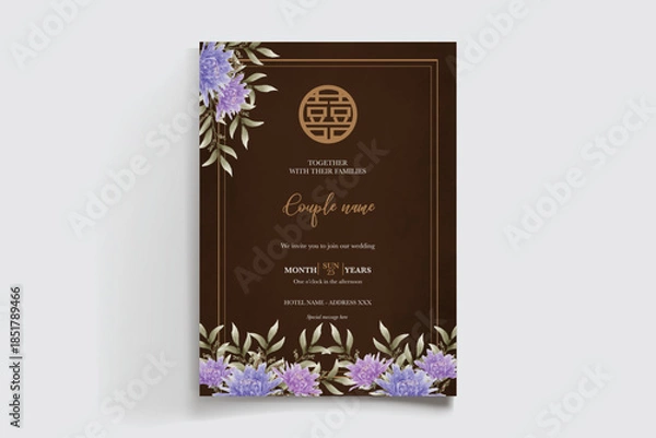 Obraz WEDDING INVITATION FRAME WITH FLOWER DECORATIONS AND FRESH LEAVES