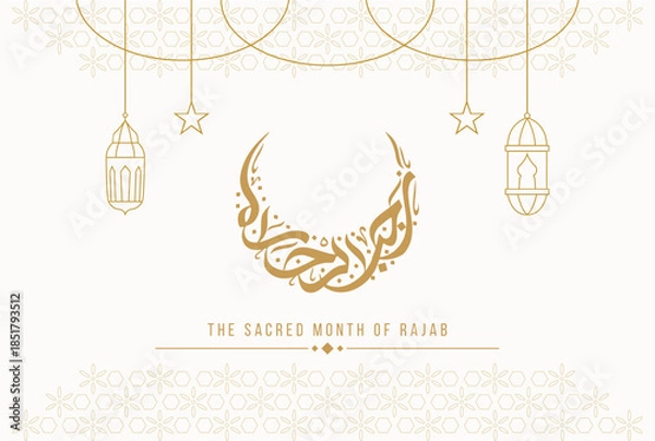 Obraz The Sacred Month of Rajab Islamic Greeting with Golden Lanterns and Line Art Vector Illustration
