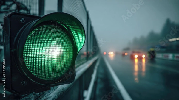 Fototapeta A green race track light shines brightly concept. A green traffic light indicating safe passage in rainy weather.