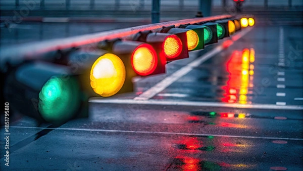 Fototapeta A close-up of illuminated lights on empty track concept. Colorful traffic lights reflecting on a wet urban road surface.