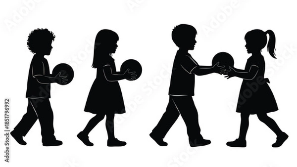 Obraz Children in silhouette play with balls on a white background.