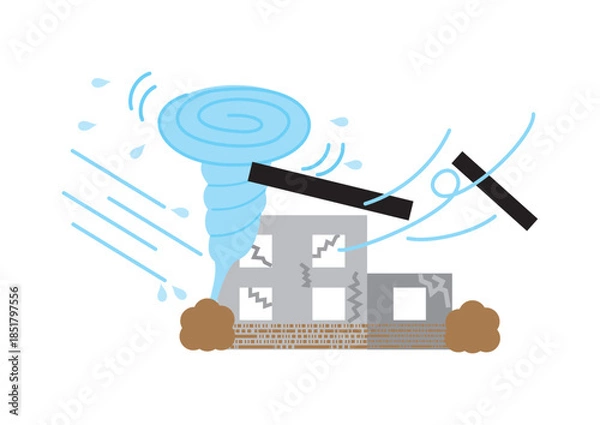 Obraz 竜巻、台風で被害を受けて家の屋根が飛んでいるイラスト