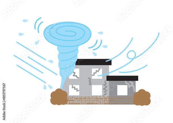 Obraz 竜巻、台風で被害を受けた家のイラスト