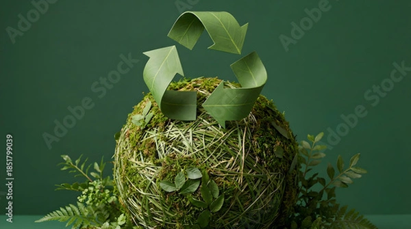 Obraz  a moss-covered sphere with a green leafy design, set against a solid green background.