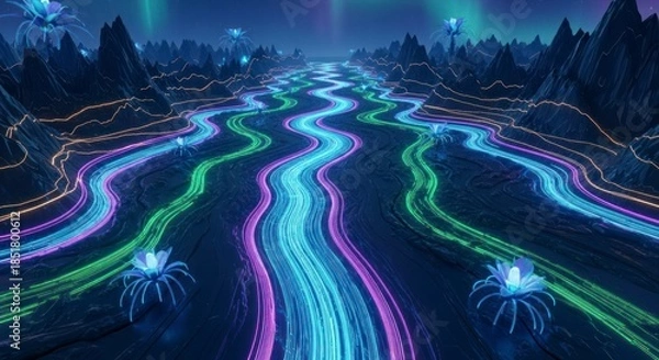 Obraz Glowing neon light trails landscape.