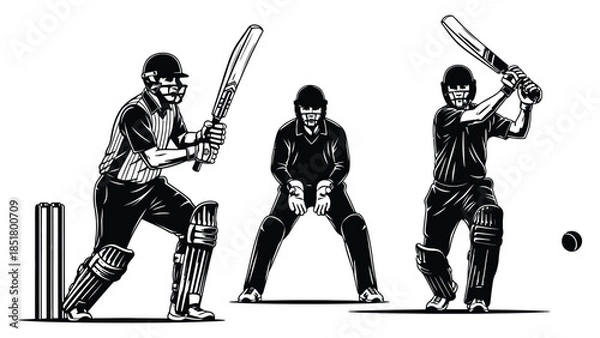 Obraz Three men playing cricket on a white background.