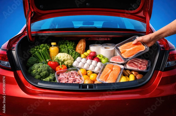 Obraz Hand loading fresh groceries into car trunk