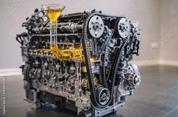 Obraz Engine cutaway showing oil flowing through funnel