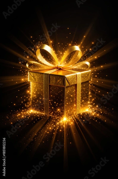 Obraz Golden gift box sparkling with magical light rays