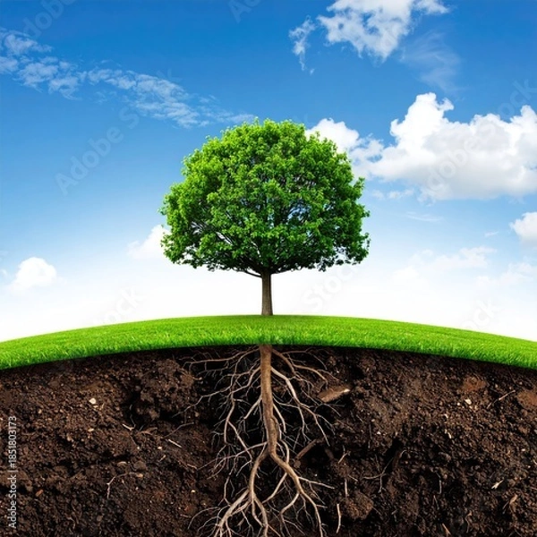 Obraz Lush green tree rooted in earth, skyward