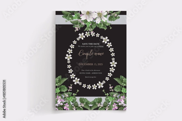 Obraz WEDDING INVITATION FRAME WITH FLOWER DECORATIONS AND FRESH LEAVES