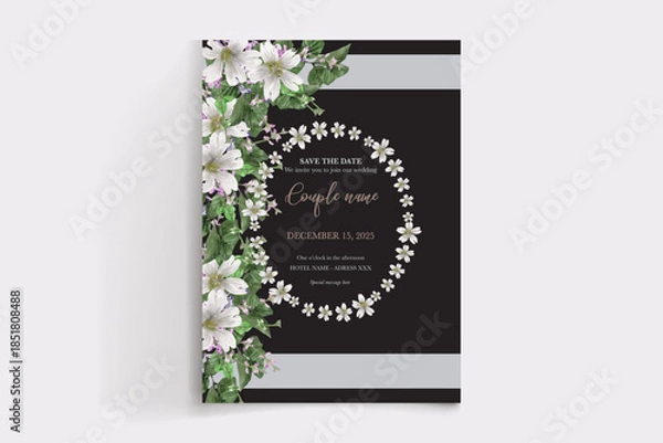 Obraz WEDDING INVITATION FRAME WITH FLOWER DECORATIONS AND FRESH LEAVES