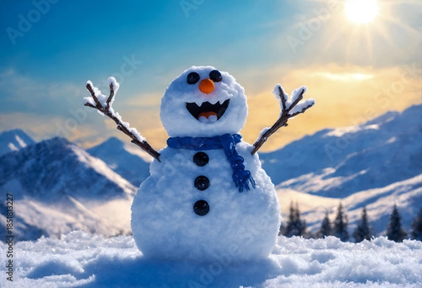 Fototapeta Funny snowman in winter mountain scenery. Merry christmas and happy new year.