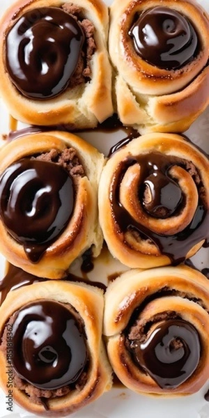 Fototapeta Top down view of delicious cinnamon rolls with rich chocolate glaze. Generated AI.