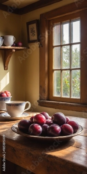 Fototapeta Cozy rustic kitchen interior with lemon fruits on old wooden table.