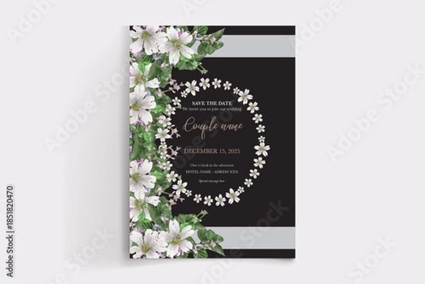 Obraz WEDDING INVITATION FRAME WITH FLOWER DECORATIONS AND FRESH LEAVES