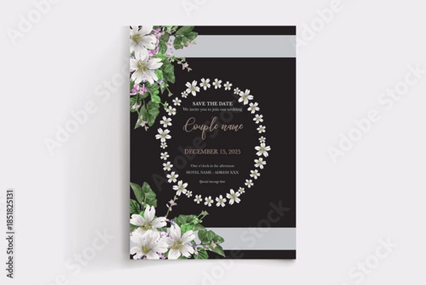 Obraz WEDDING INVITATION FRAME WITH FLOWER DECORATIONS AND FRESH LEAVES