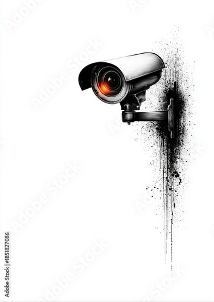 Obraz Urban surveillance camera in grunge street art style, high contrast monochrome illustration with splatter texture on white background for security concepts
