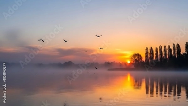 Obraz Serene Lake at Sunrise with Migrating Birds